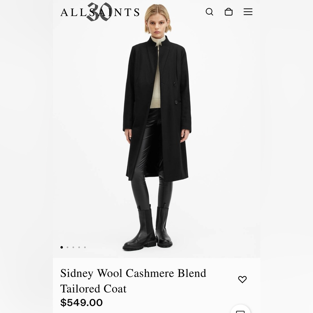 Allsaints wool & cashmere Peacoat with leather sleeve detail